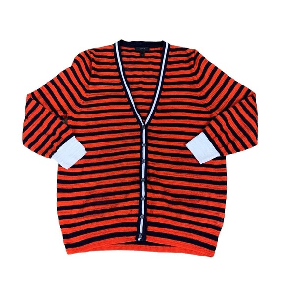 J.Crew Striped 3/4 Sleeve Knit Cardigan Women's L Tomato Red Navy Blue White - Picture 6 of 13